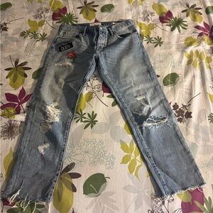 Pacsun Girlfriend Trendy Distressed Light Blue Jeans with Patches